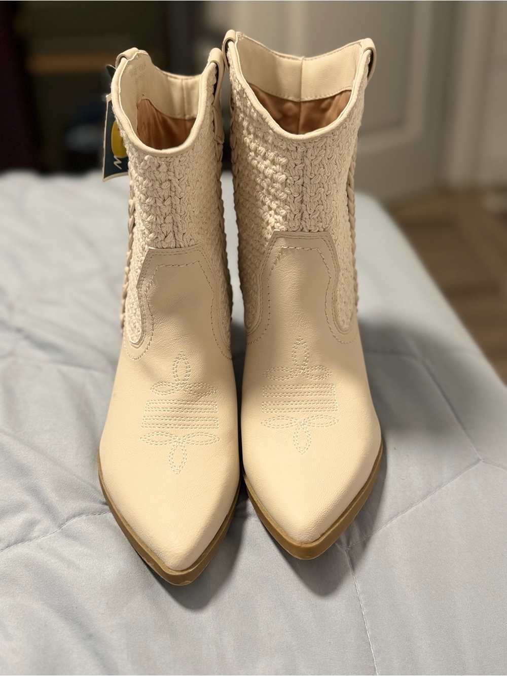 Dolce Vita Cream Crochet-Panel Western Ankle Boots
